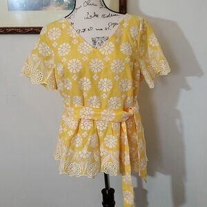 Talbots,  bright yellow and white eyelet lace top with tie belt